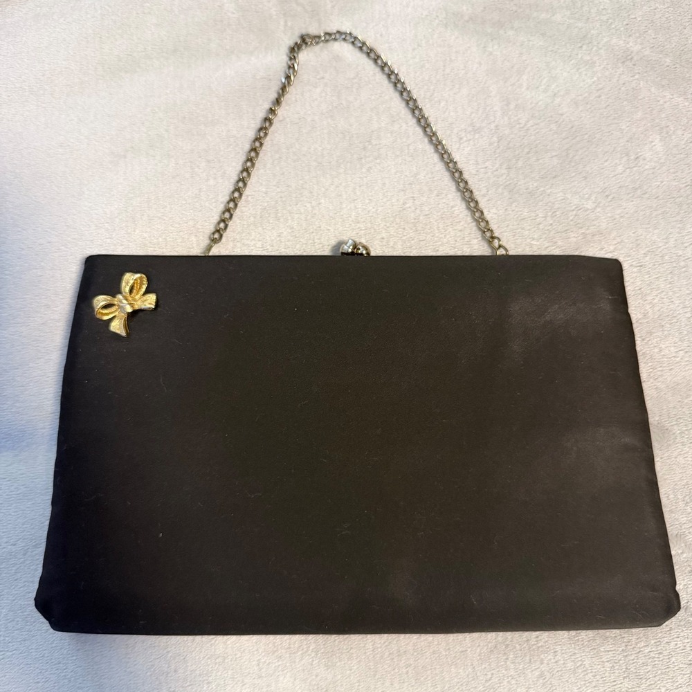 Vintage After Five Black Satin Clutch Gold Bow Evening Bag Purse USA